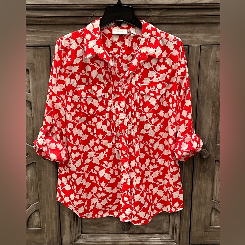 Chico's Red and White Floral Button-Down Shirt